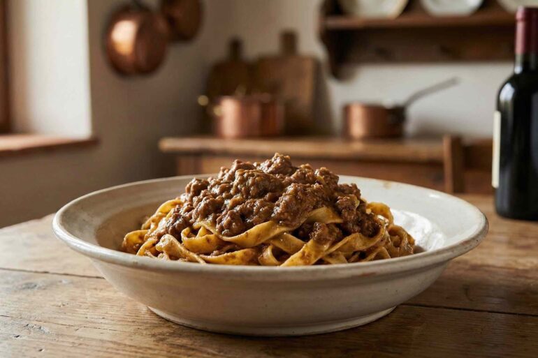 Ragù alla Bolognese tradizionale autentico denso su tagliatelle fresche